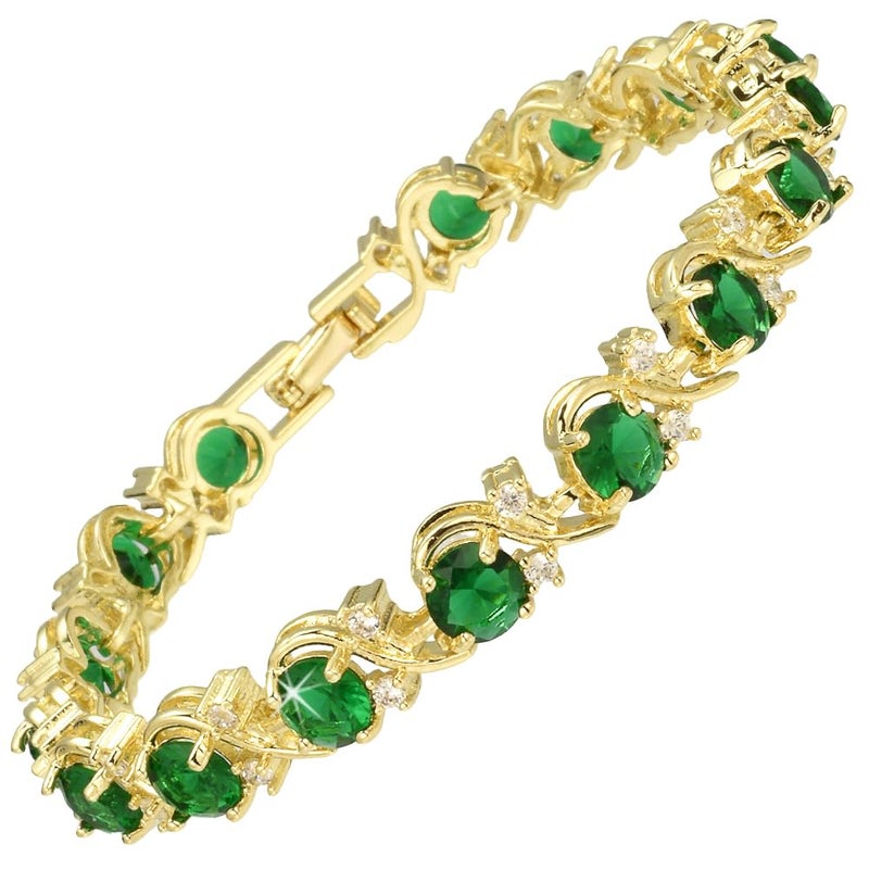 RIZILIA BLOSSOM 14K Gold Plated Green Emerald Birthstone Tennis Bracelet for Women - May 6mm Round CZ Gemstones, 7 Inch Hypoallergenic with Gift Box, Perfect Anniversary Birthday Gift - Image 1